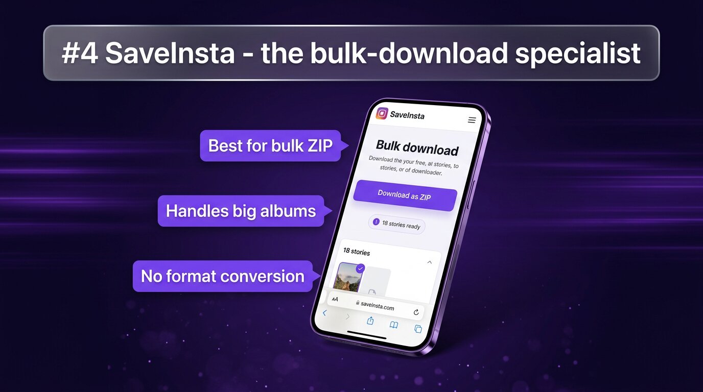 SaveInsta interface with prominent bulk-download button