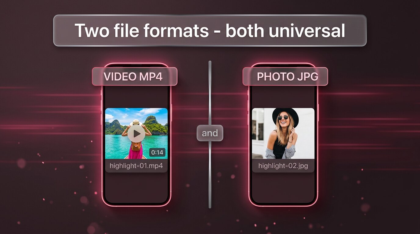 Two phones showing MP4 video and JPG photo file previews