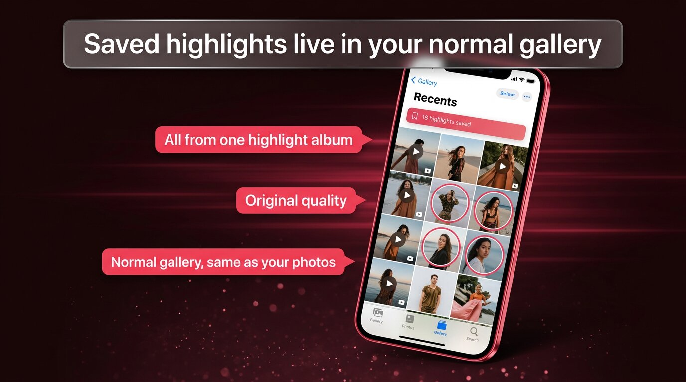 Phone gallery showing 18 highlight stories saved as normal photos and videos