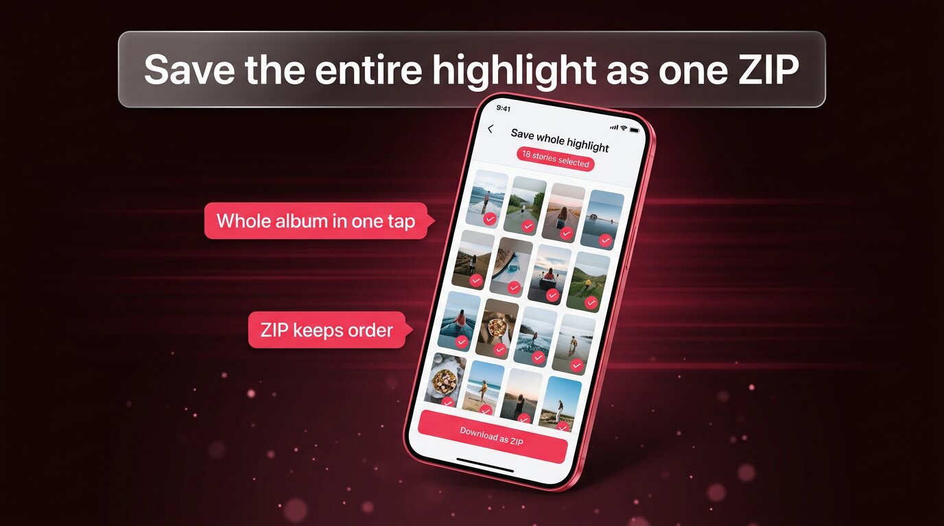 Phone showing ZIP-download interface with 18 stories selected