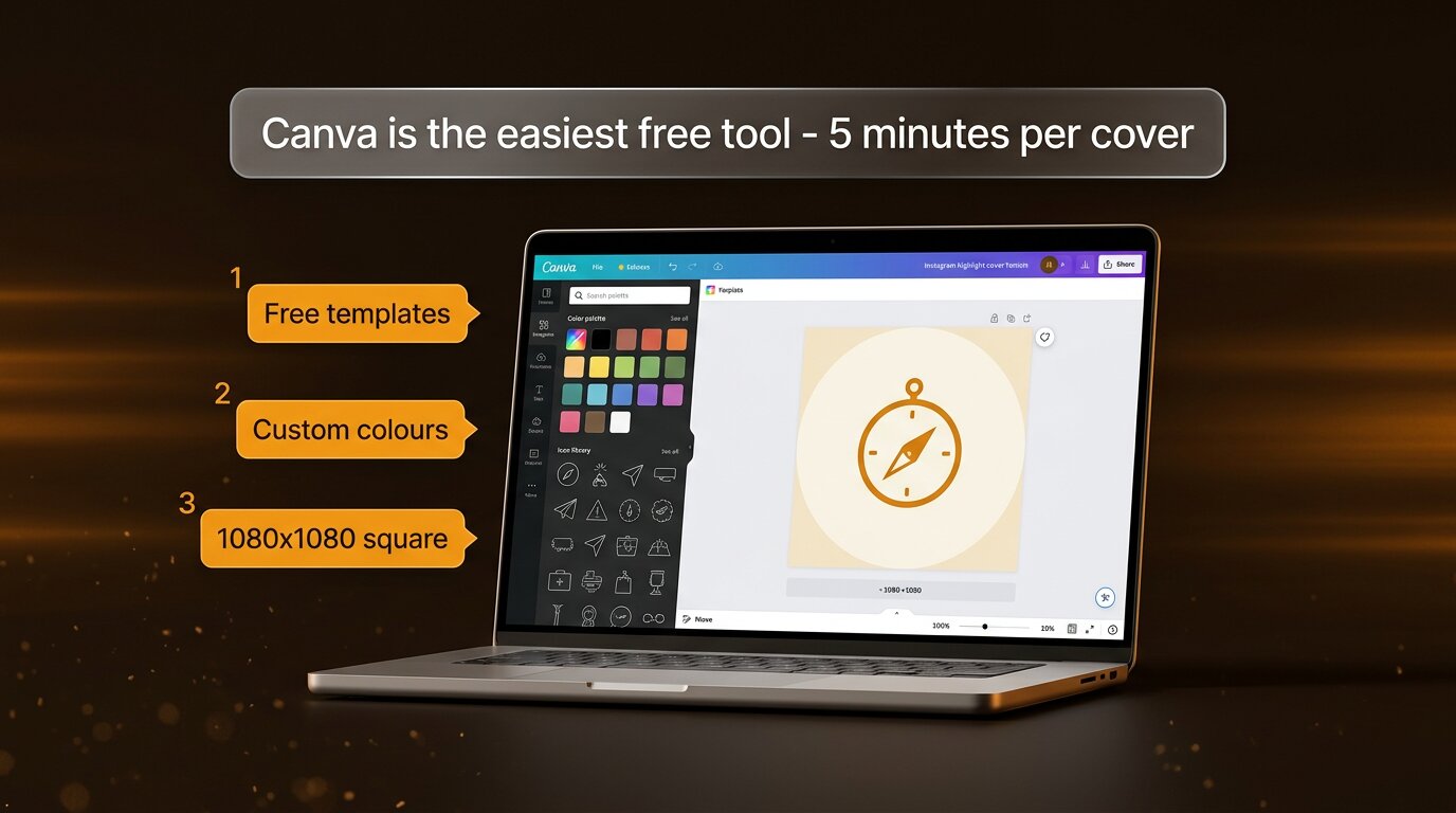 Canva editor on laptop showing Instagram highlight cover template