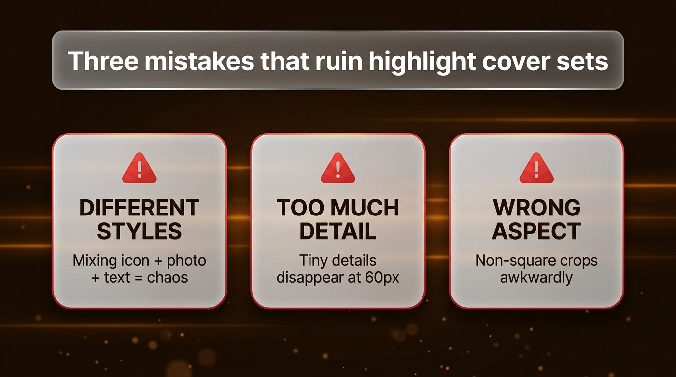 Three red warning cards: mixed styles, too much detail, wrong aspect