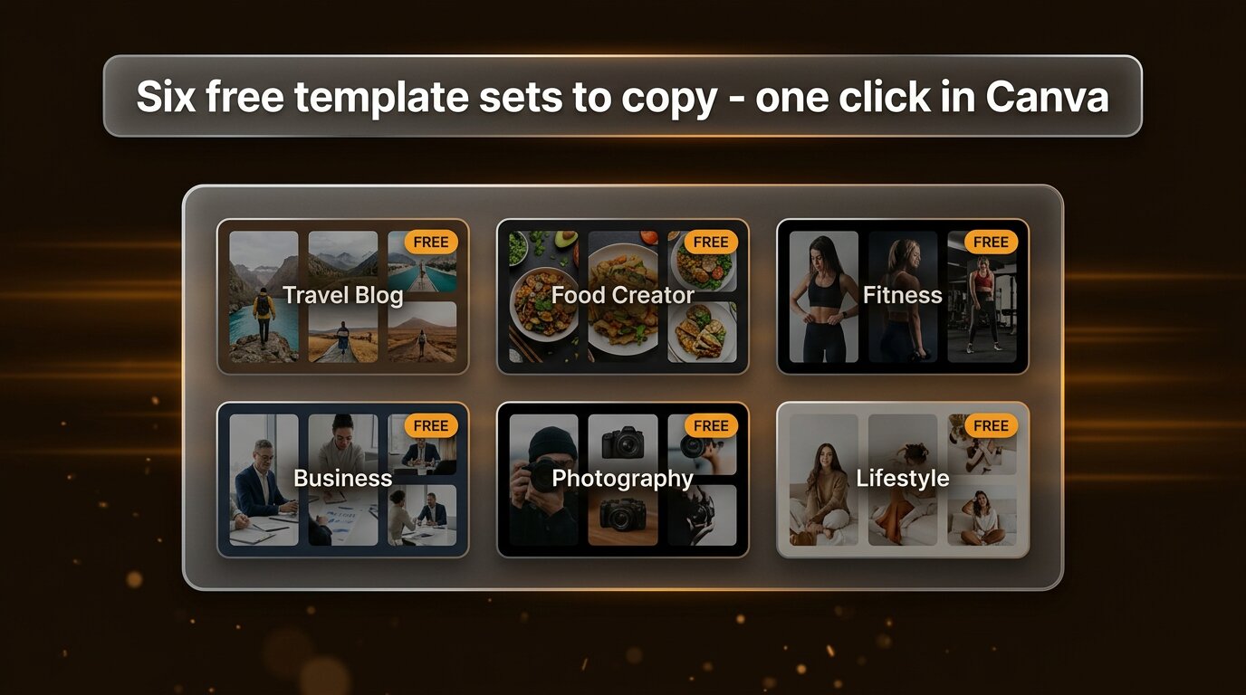 Six template thumbnails for travel, food, fitness, business, photography, lifestyle