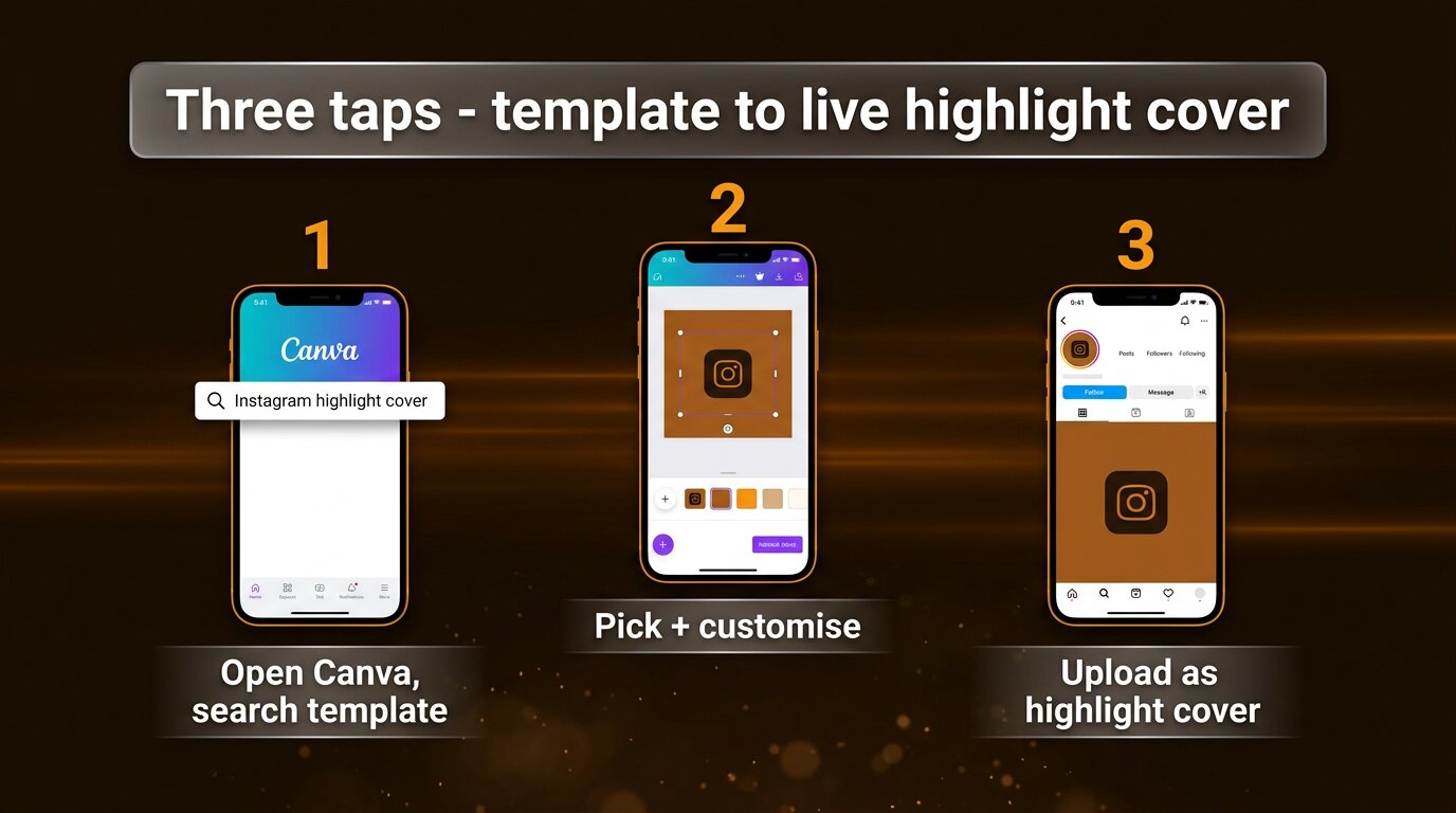 Three-phone flow: Canva search, customise, upload to Instagram