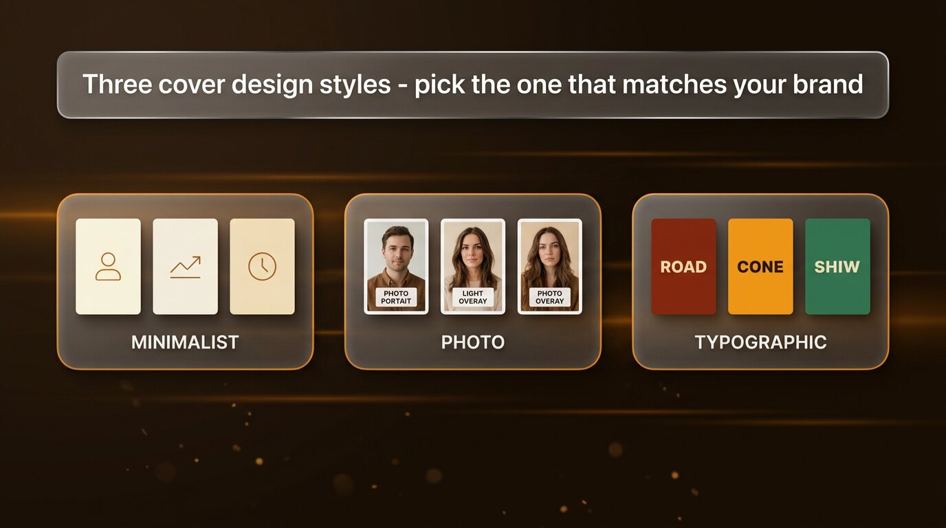 Three style cards: minimalist line icons, photo with text, typographic