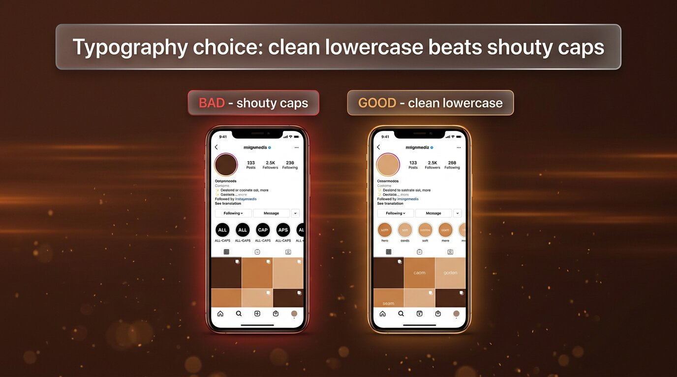 Two phone profiles contrasting shouty caps vs clean lowercase highlight covers