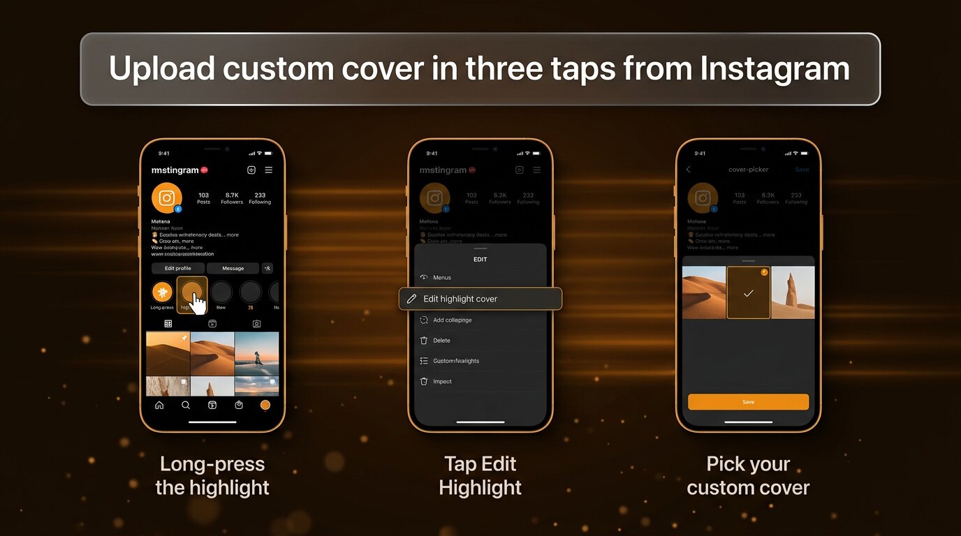 Three-phone flow showing how to upload custom highlight cover