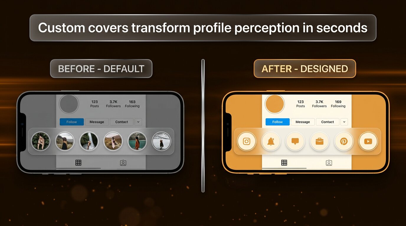 Before-after comparison of default vs designed highlight covers