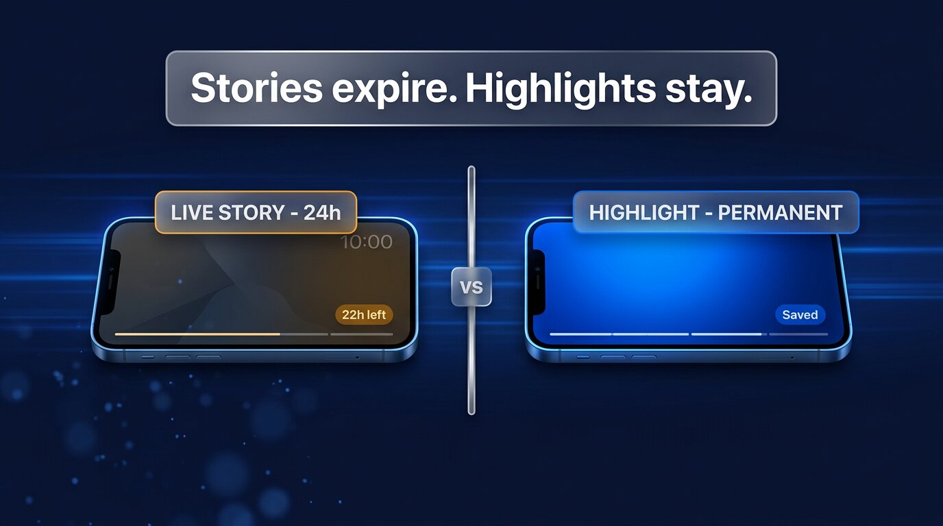 Live story (24h timer) vs permanent highlight comparison