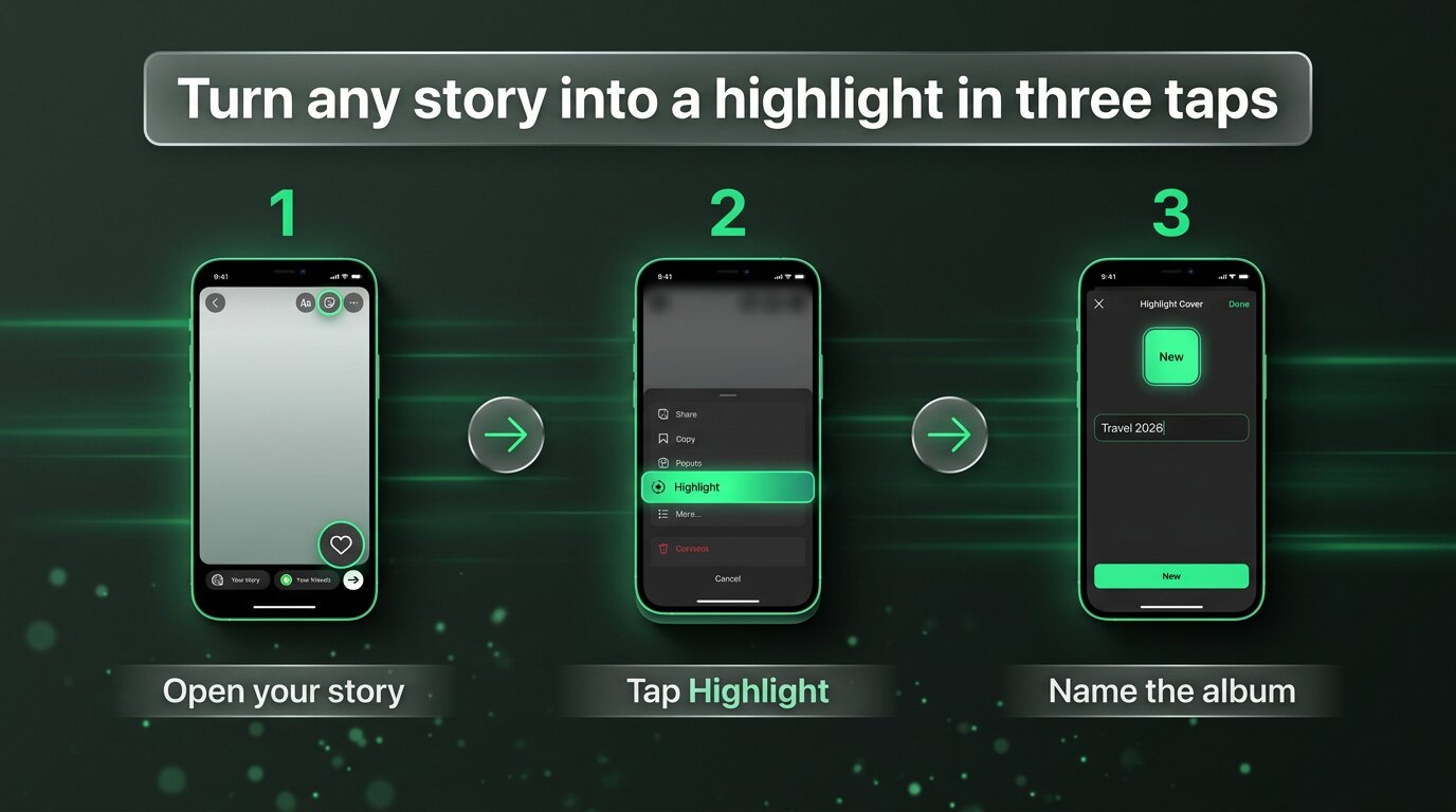 Three-phone flow: open story, tap Highlight, name the album
