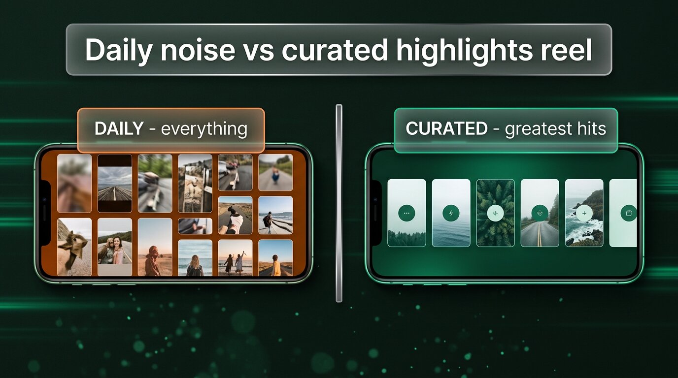 Two phones: daily stories grid vs polished curated highlight covers