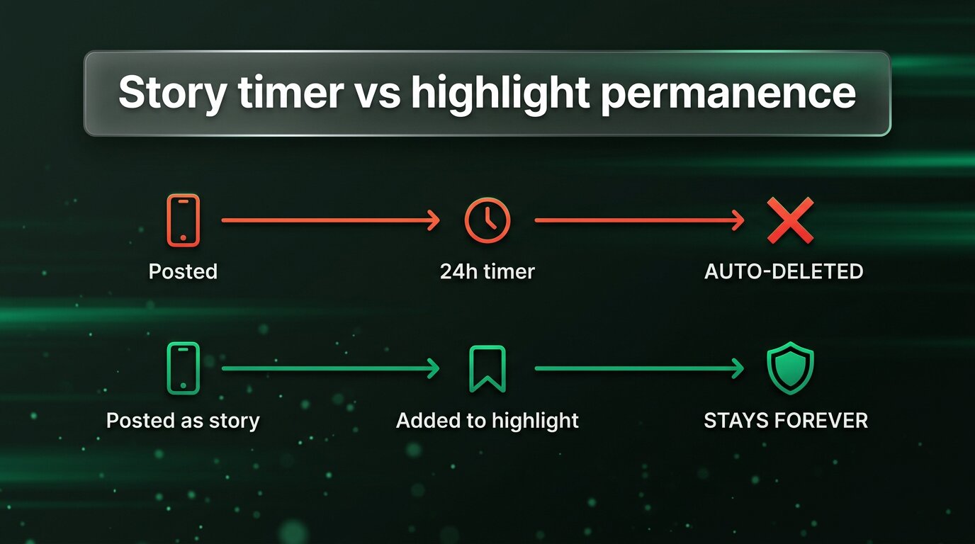 Two-track timeline contrasting story 24-hour deletion vs highlight permanence