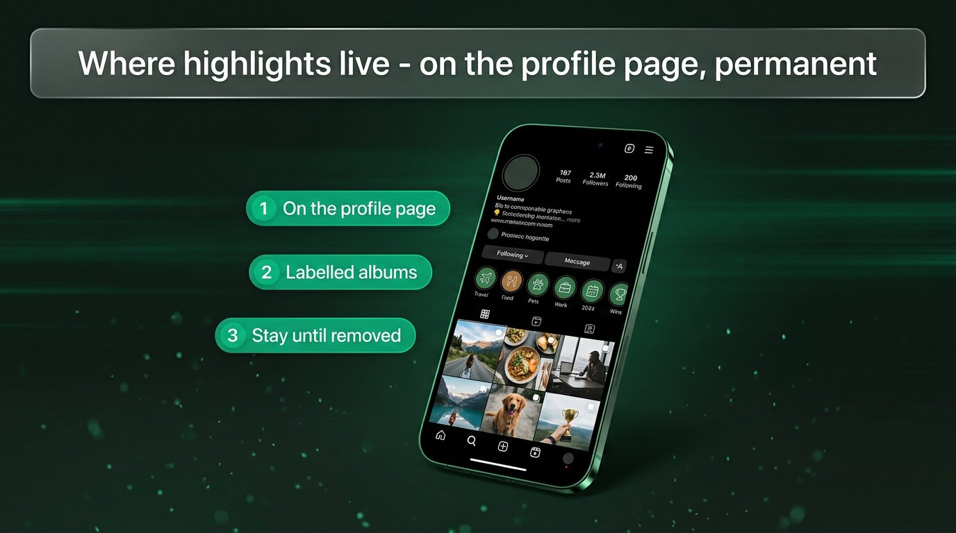Profile page showing six labelled highlight covers above post grid