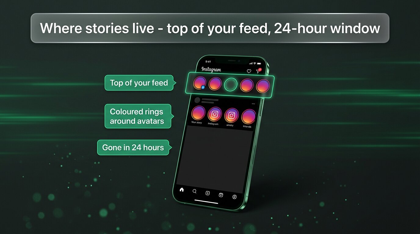 Instagram feed showing horizontal story tray with colourful rings at top