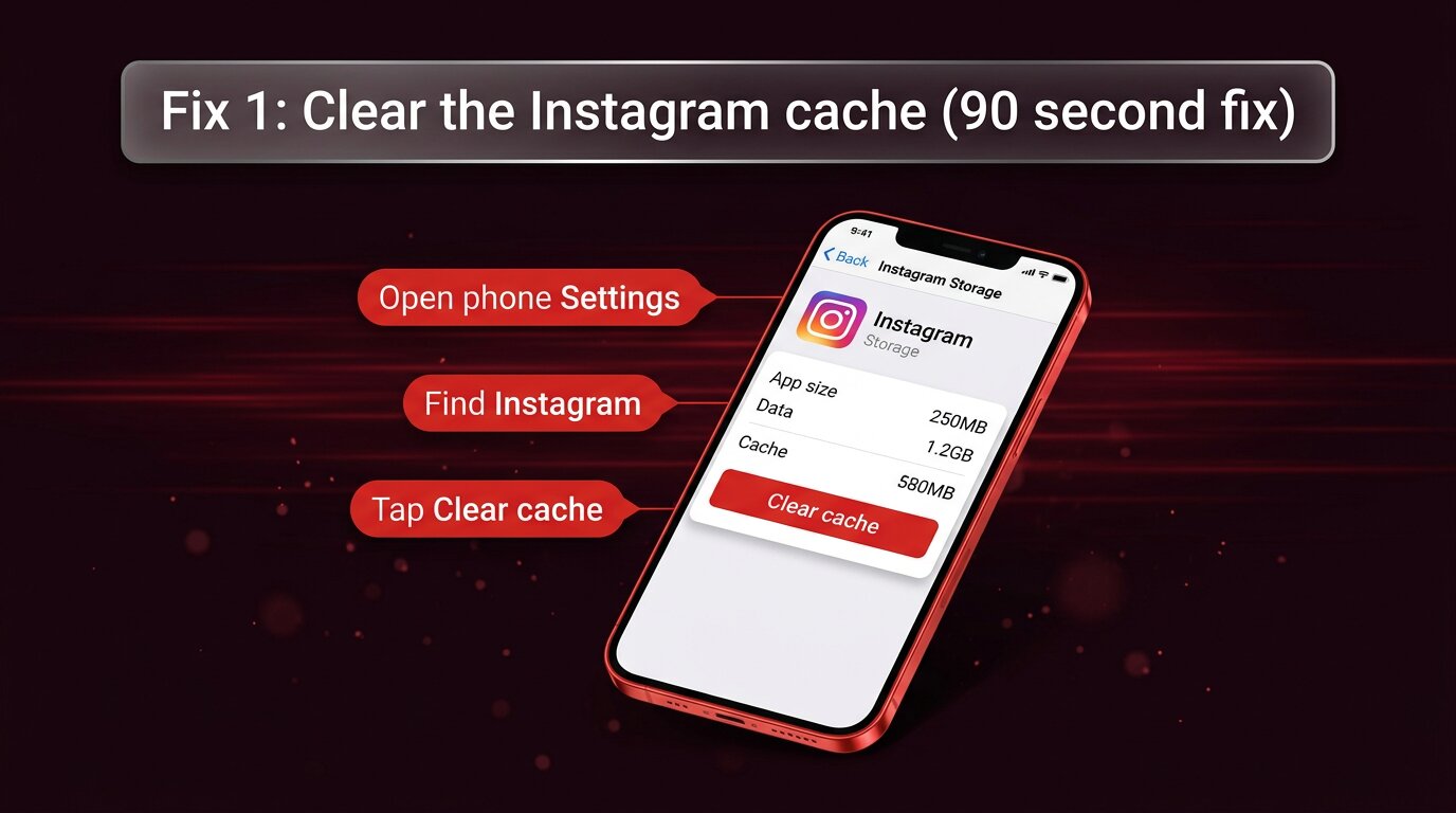 Phone storage settings showing Instagram with Clear cache button