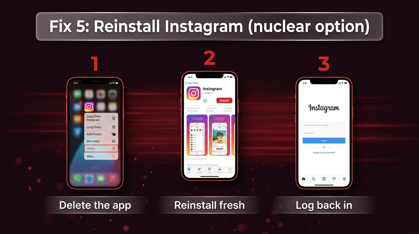 Three-phone flow: delete app, reinstall from store, log back in