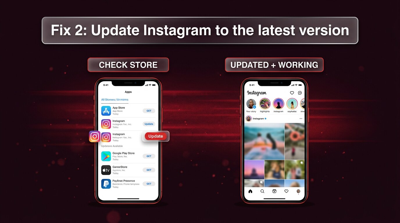 Two phones: app store with Update button, then app working with highlights loaded