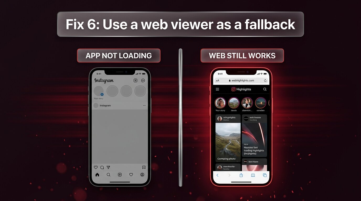 Two phones contrasting broken app vs working web viewer