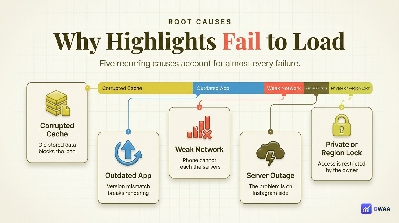 Five-row diagnostic card listing common causes
