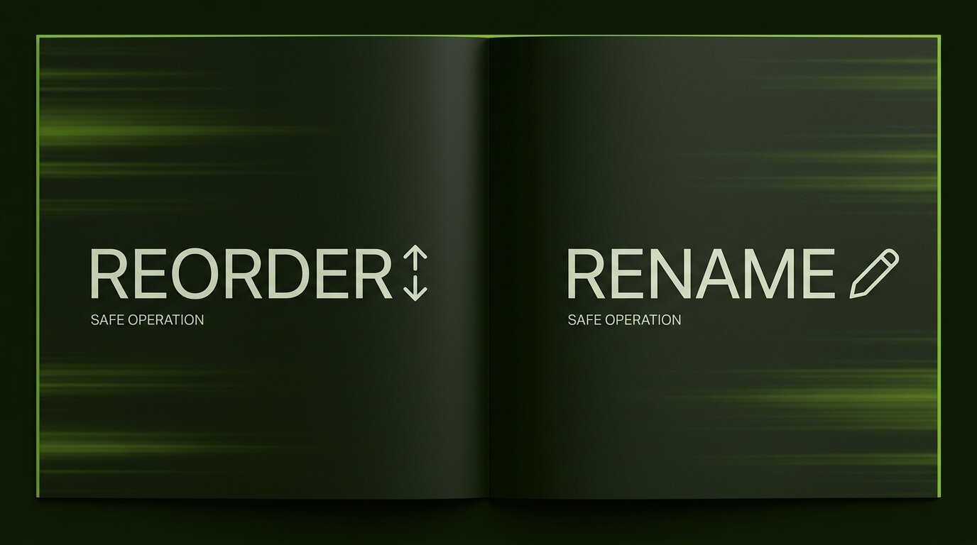 Two-zone card: reorder and rename both safe