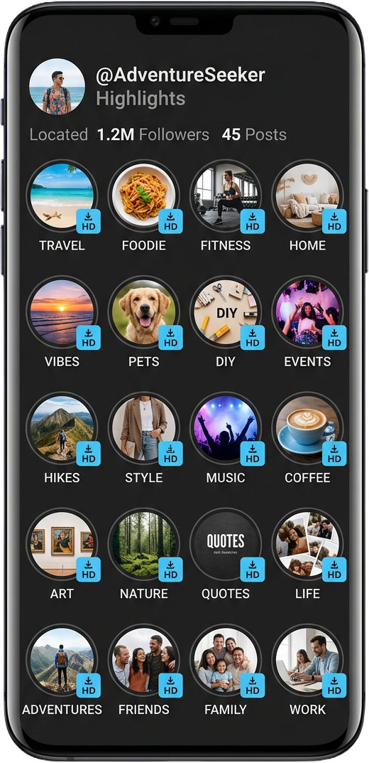 Instagram highlights viewer with gradient story-highlight rings